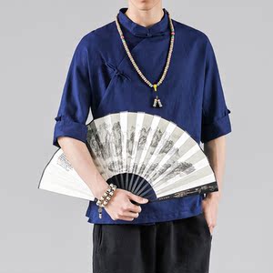 2021夏季凉爽汗衫大码棉麻衣中式斜襟上衣男装潮胖子T恤T9906，男装T恤，电商B275