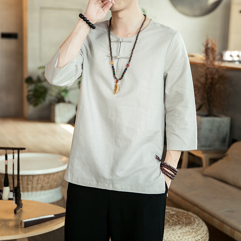 夏风男装七分袖T恤复古休闲汉服大码棉麻衣6020-1-T9902，男装T恤，电商B275