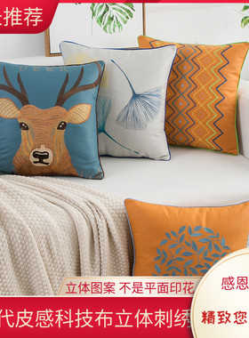 科技布橙色轻奢刺绣抱枕套不含芯正方北欧风沙发抱枕靠垫客厅靠枕