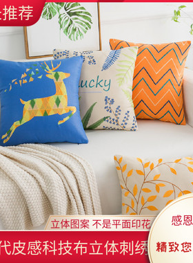 科技布橙色轻奢刺绣抱枕套不含芯正方北欧风沙发抱枕靠垫客厅靠枕