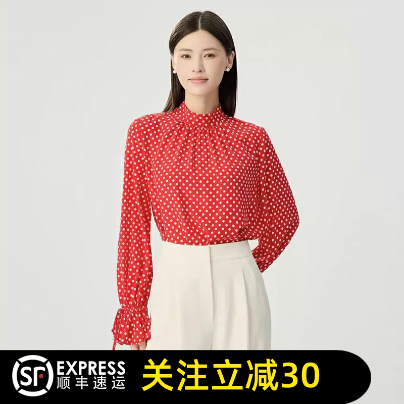 哥弟清仓官方2025春秋新款宽松波点泡泡袖休闲长袖荷叶边衬衫女