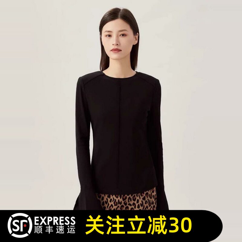 哥弟清仓官方2025春秋季马蹄袖垫肩喇叭袖长袖圆领修身T恤女