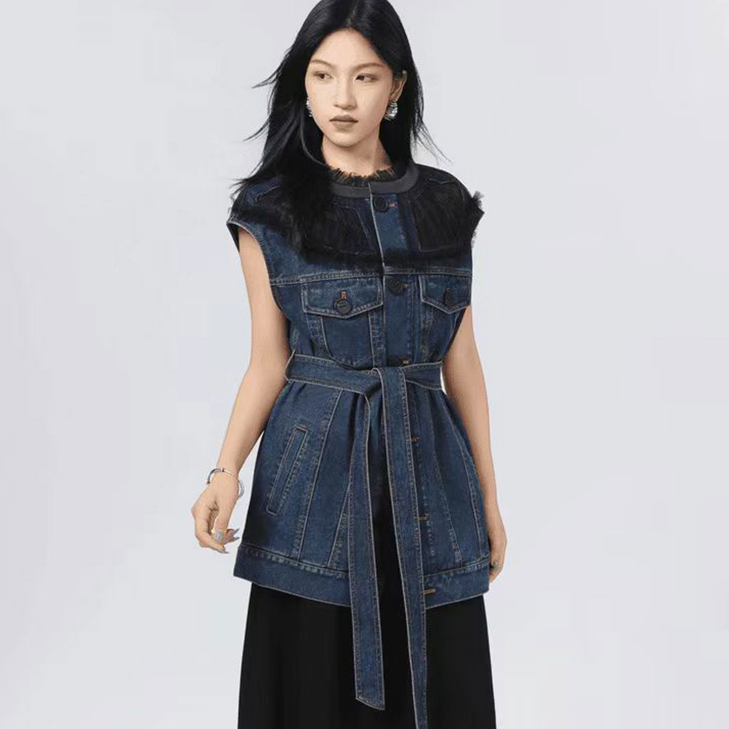 哥弟清仓官方2025秋季新款气质显瘦百搭收腰蕾丝拼接牛仔外套