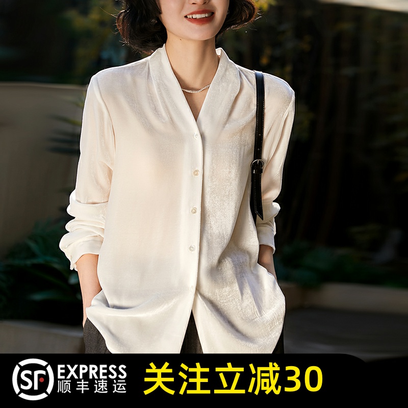 哥弟清仓2025早春新款减龄轻奢感通勤V领蚕丝显瘦长袖衬衫女