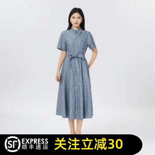 哥家官方2026夏季新款翻领系带收腰短袖连衣裙女裙中长裙