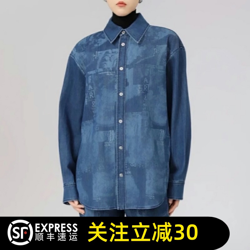 哥弟清仓2025春秋季新款休闲宽松翻领拼接印花牛仔衬衫外套女