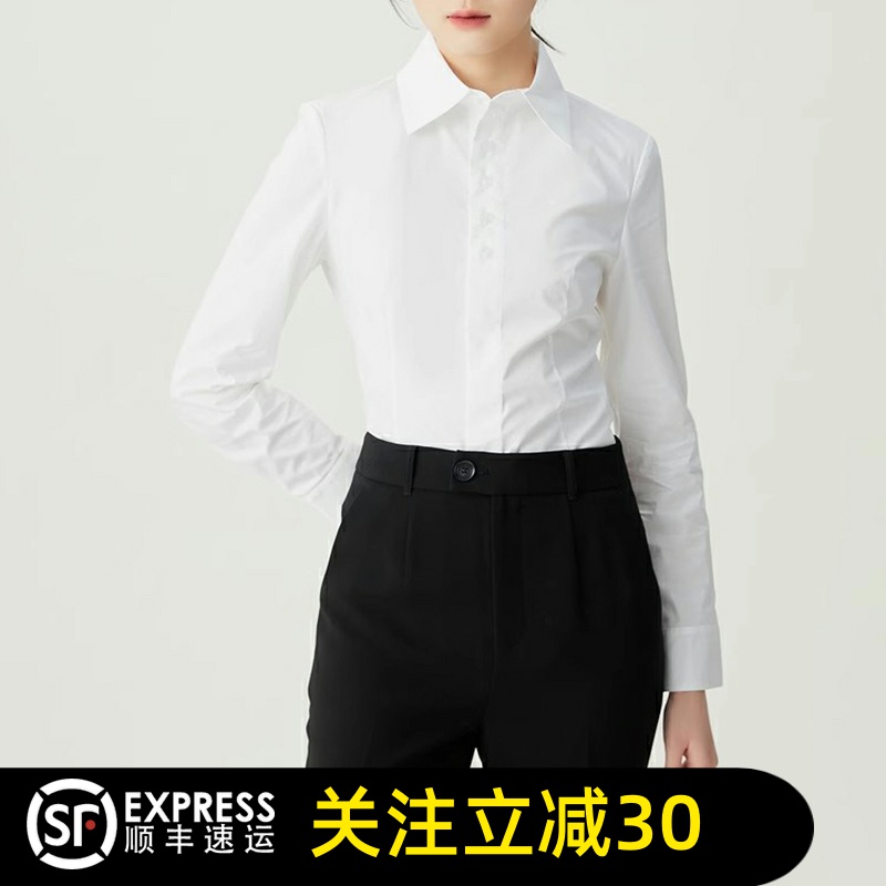 哥弟清仓2025春秋季暴款通勤修身翻领长袖新款白色百搭衬衣女