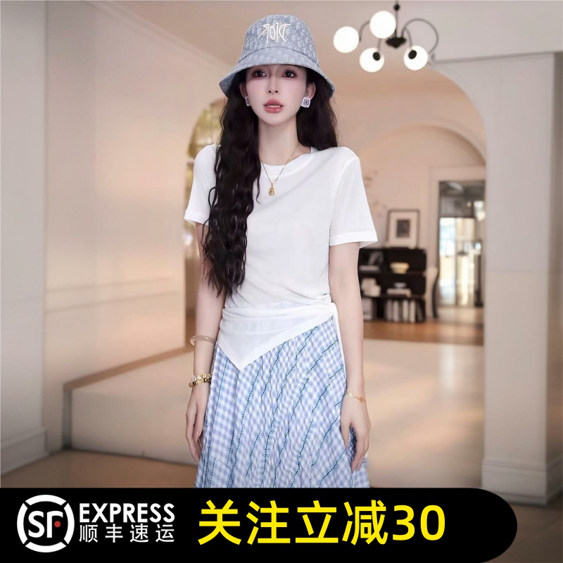 哥弟清仓2025夏季新款白色不规则短袖T恤女格子半身裙两件套