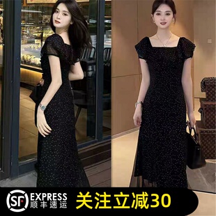 哥家2026夏季新款方领荷收腰显瘦短袖连衣裙女气质雪纺裙
