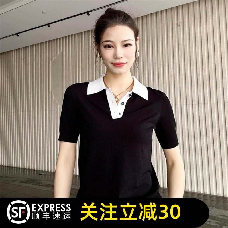 哥弟清仓官方2025夏季新款翻领撞色冰丝针织衫女休闲短袖T恤