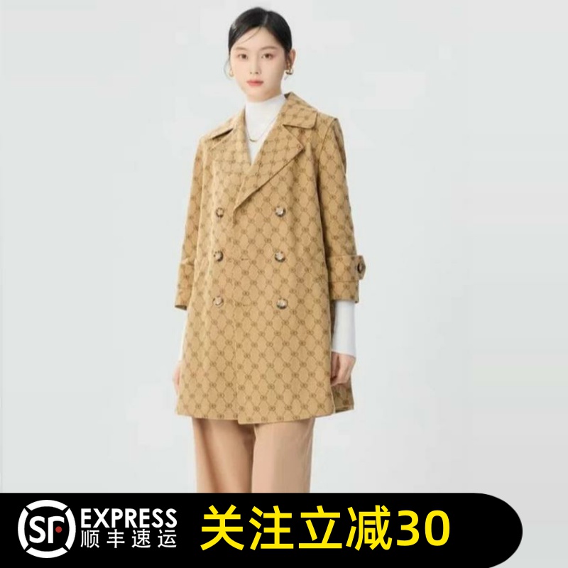 哥弟清仓2025秋季新款老钱风七分袖双排扣中长翻领风衣外套女