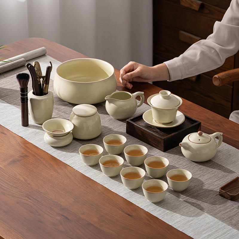 米黄汝窑实木茶盘功夫茶具套装家用2023新款整套轻奢茶壶盖碗茶杯
