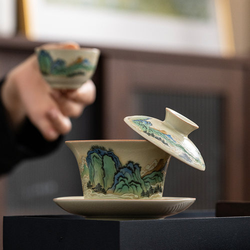 2026新款黄汝窑三才悬停盖碗茶杯中式功夫家用泡茶带盖子茶碗礼盒