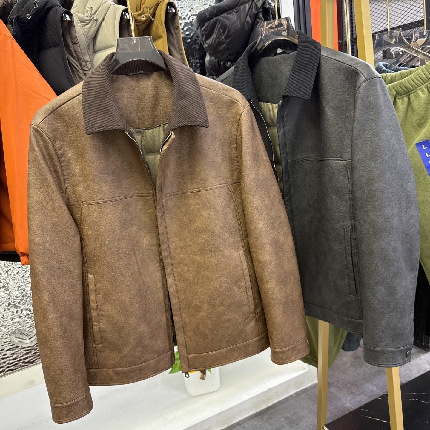 防寒保暖复古时尚翻领PU皮鹅绒服