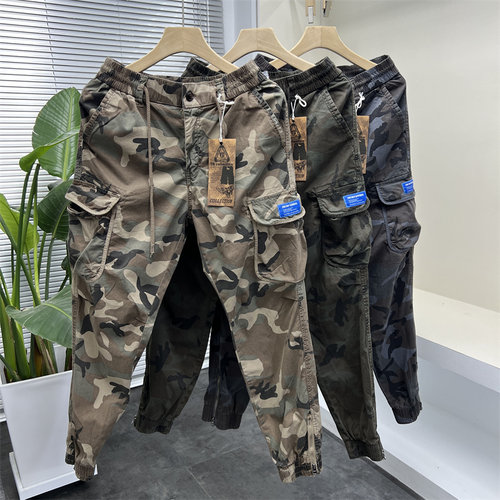 微宽松迷彩多口袋弹力束脚工装裤