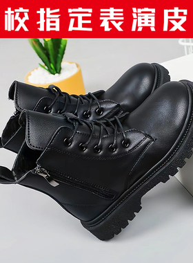儿童黑色皮靴男女童软底马丁靴学生演出短靴表演皮鞋女孩加绒棉靴
