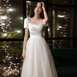 胖mm大码夏季法式缎面网纱小白裙方领礼服领证登记订婚新娘连衣裙