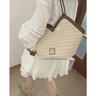 复古草编包包女2023新款 潮森系托特包百搭ins大容量单肩腋下包