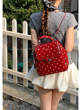甜美红色波点包包女2026新款潮时尚复古双肩背包大容量手提公文包