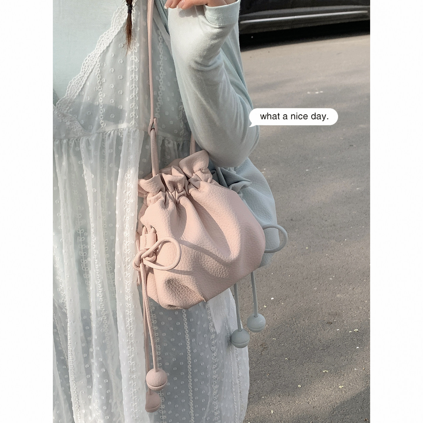 韩国荔枝纹福袋包包女2026新款潮时尚水抽绳水桶包百搭单肩斜挎包