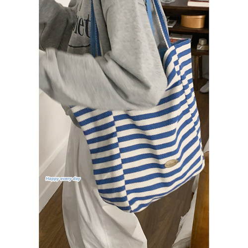 卡乐儿学院风条纹帆布包托特包