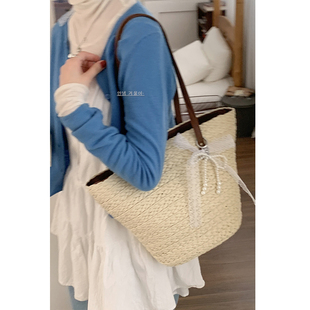 森系草编包女包包2025新款 托特包大容量单肩编织包菜篮包 潮时尚