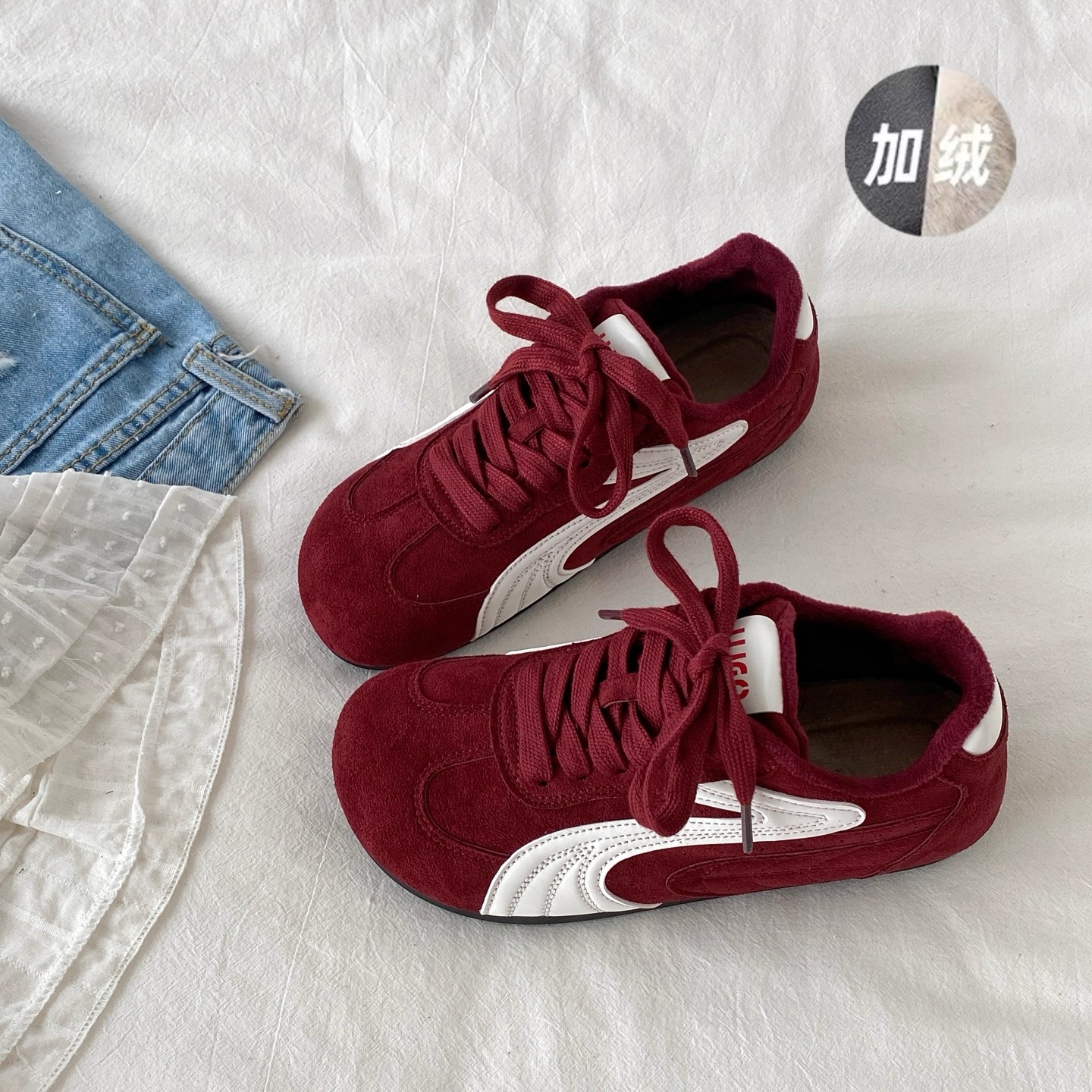 国潮红色德训鞋女款2025新款冬季运动休闲鞋加绒保暖二棉阿甘鞋