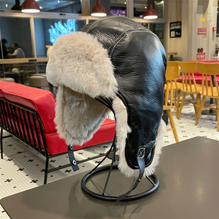 儿童冬季雷锋帽复古飞行员墨镜皮质亲子毛绒帽男女保暖护耳滑雪帽