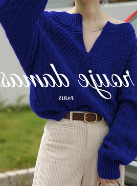 法国rouje damas克莱因蓝一字领毛衣女冬宽松麻花露肩复古针织衫