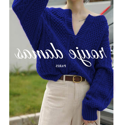 宽松麻花露肩复古针织衫