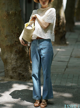 Ginger ale 2021/SS 土耳其的蓝 柔软轻蓝色喇叭牛仔裤