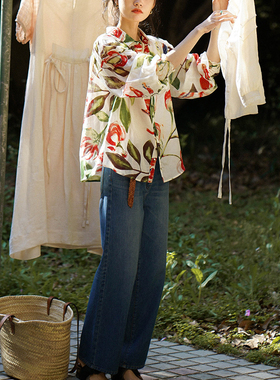 Ginger ale  古典浪漫风格春日花色灯笼袖衬衫两色亚麻宽松夏季女