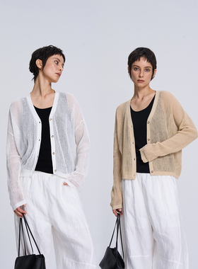 TOFOD  午后花园 极简自然系棉麻镂空针织空调开衫