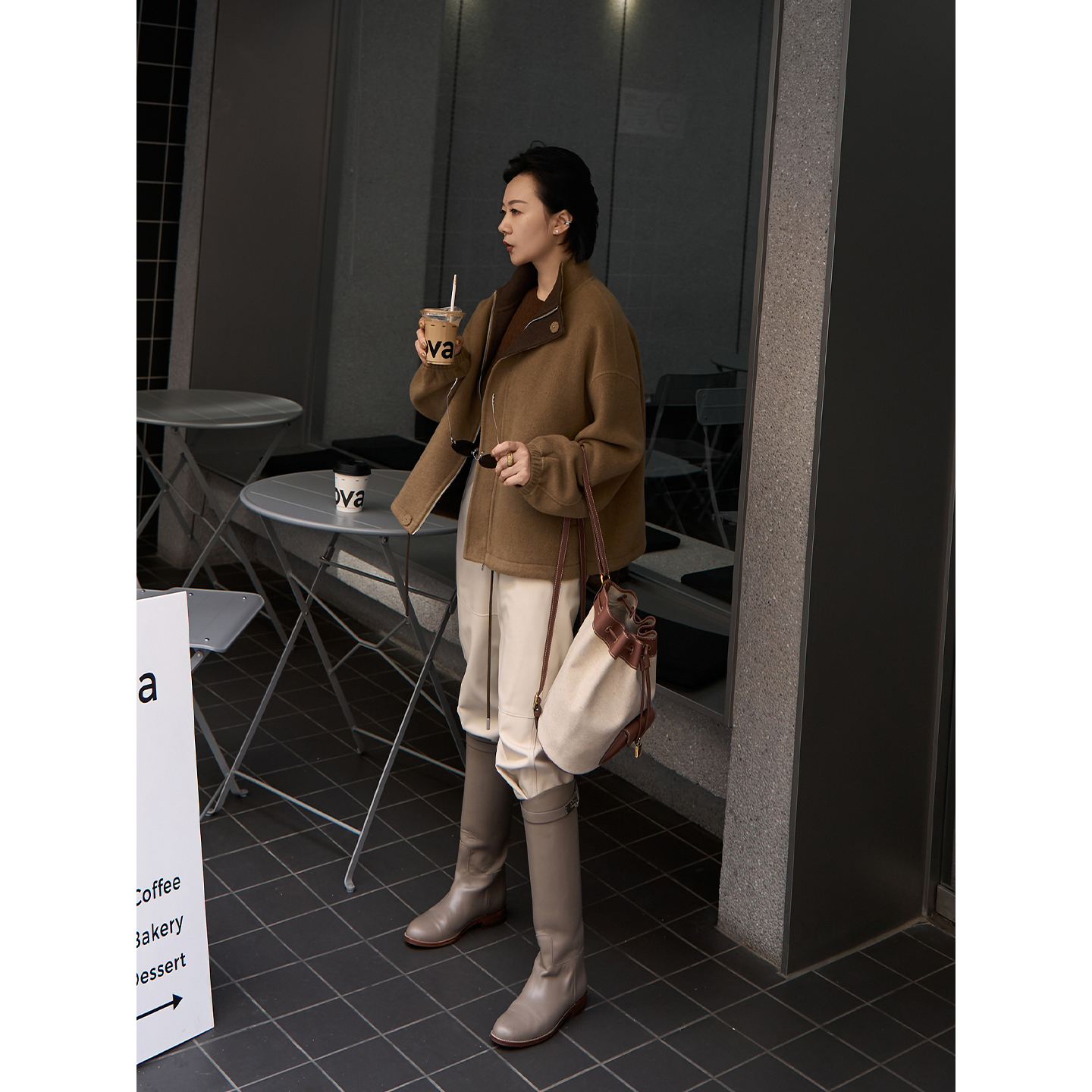 TOFOD 拿铁奶泡 羊绒羊毛双面异色手缝毛呢外套 老钱风短大衣