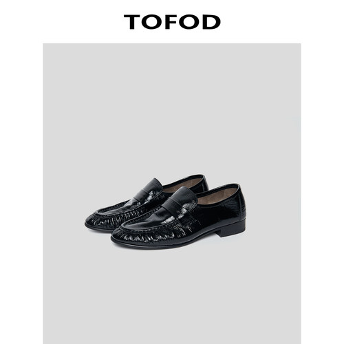 TOFOD 肯豆出街 鳗鱼纹牛皮老钱风单鞋褶皱圆头复古平底鞋乐福鞋