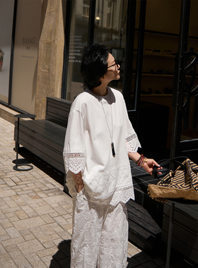 TOFOD 微风 法式镂空蕾丝刺绣短袖上衣宽松大T