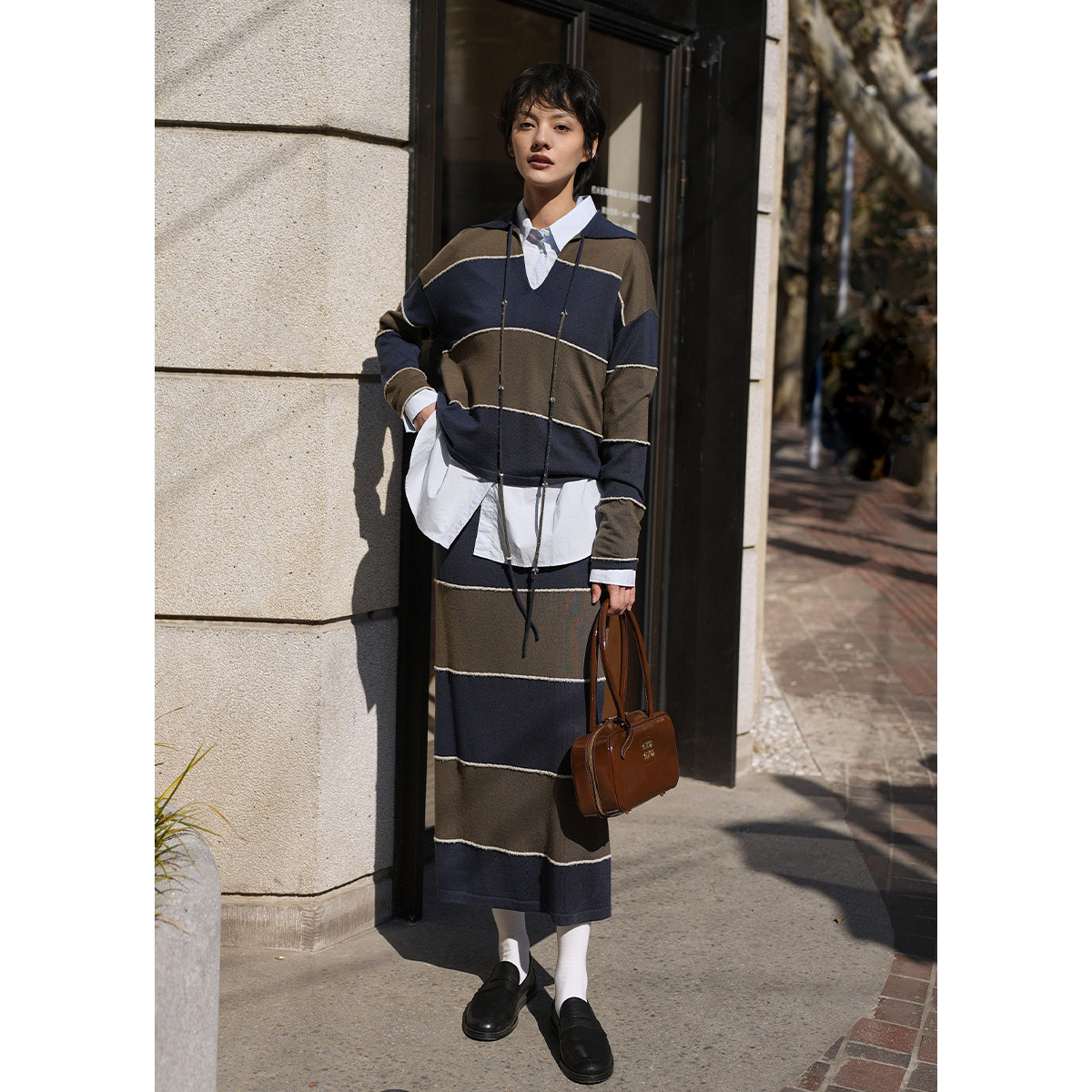 no退no换 原1680 美式复古条纹中长半裙套装 羊毛V领针织POLO上衣,女装/女士精品,时尚套装,淘宝优惠券,粉丝福利购,淘宝优惠卷