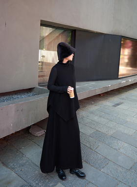 TOFOD 黑夜玫瑰 极简高智感强缩精纺全羊毛黑色上衣+黑色半裙套装