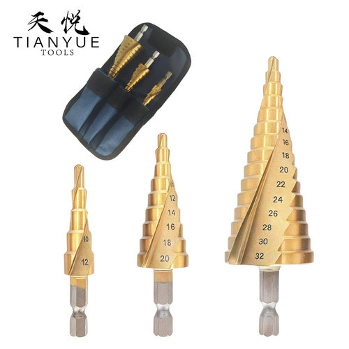 跨境3件套六角柄螺旋槽镀钛4-12/4-20/4-32阶梯钻头工具电钻套装