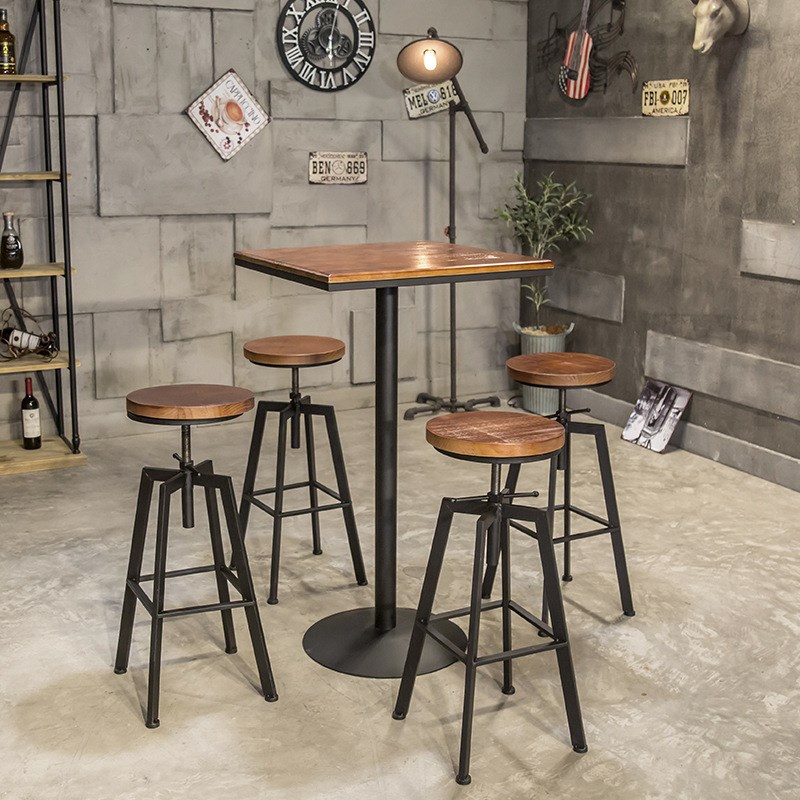 复古实木铁艺酒吧椅KTV夜场旋转升降吧台椅高脚椅吧台餐桌椅 吧凳