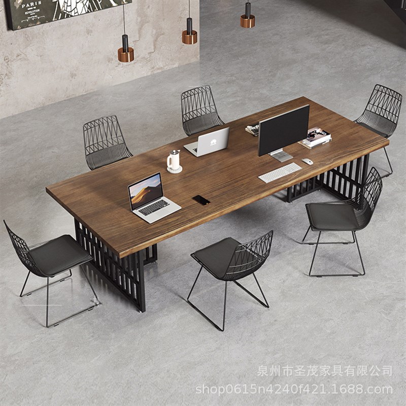 北欧实木长条桌子复古休闲工业风会议桌椅公司电脑办公培训工作桌