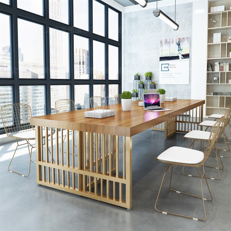 北欧 实木铁艺 多人办公桌 简约职员办公电脑桌 家用书房办公桌椅