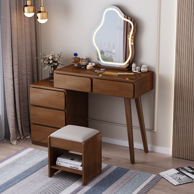 全实木梳妆台斗柜一体北欧简约可伸缩小户型家用原木风化妆桌带凳