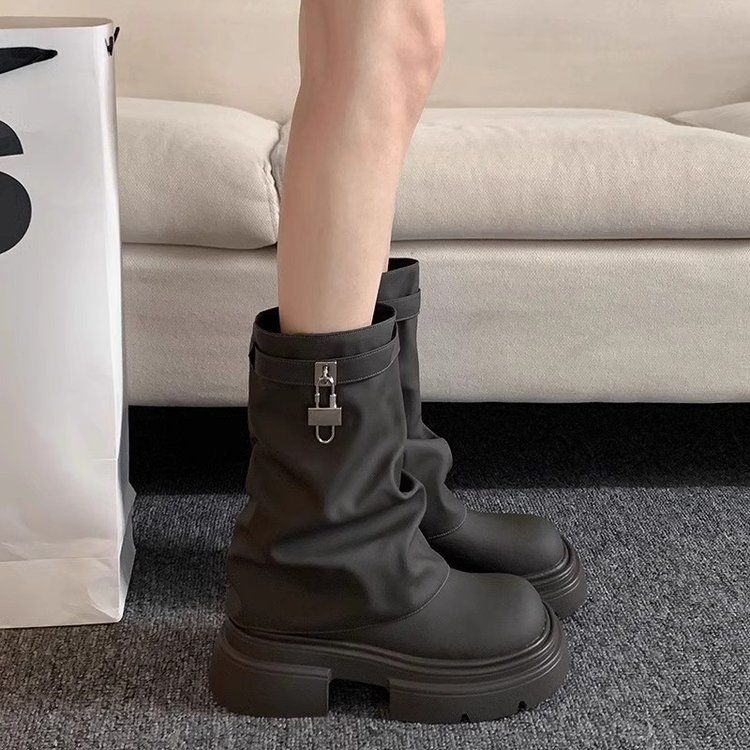 洋气街头金属锁扣短筒靴女潮2023秋新款百搭厚底粗跟裤管靴中筒靴