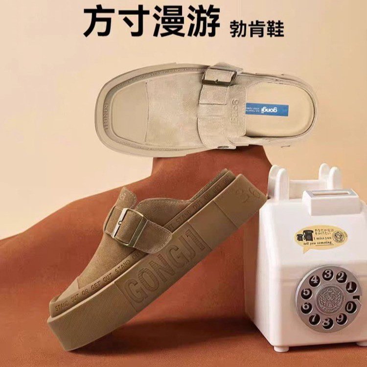 张馨予同款GONGlI勃肯鞋半拖一脚蹬男女厚底增高软皮穆勒鞋秋外