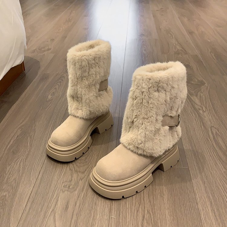 贾不假雪地靴女款2025冬季新款中筒靴子洋气流行雪地棉厚底加绒鞋