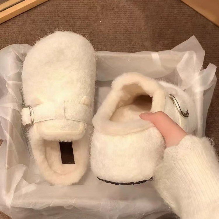 白色日系jk百搭配裙子加绒勃肯鞋女2025冬季新款大头平底毛毛拖鞋