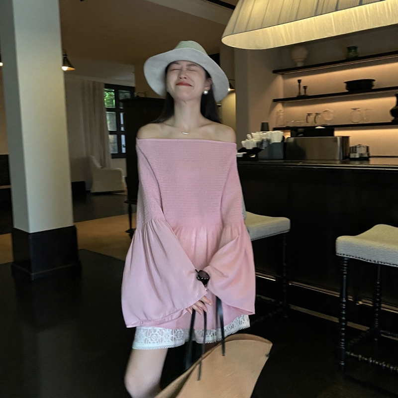 SOUL正品2025夏法式度假风一字领露肩雪纺衬衫粉色女防晒长袖小衫