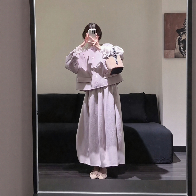 紫色羊绒套装女2025秋冬气质圆领羊毛西装外套+花苞半身裙两件套