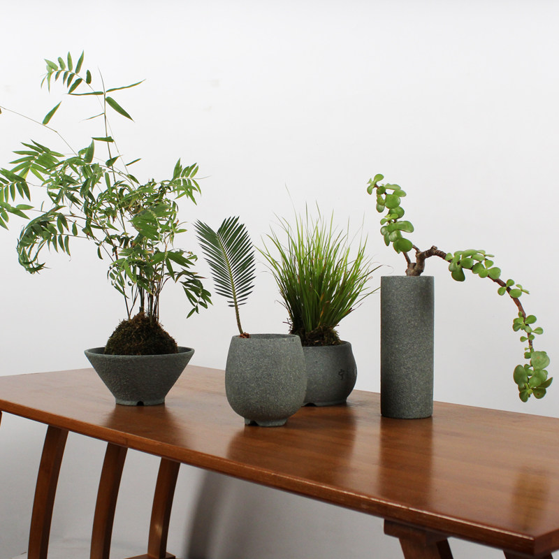 青石花器圆形盆栽天然石盆景简约花盆石材室内水培石头盆个性花钵